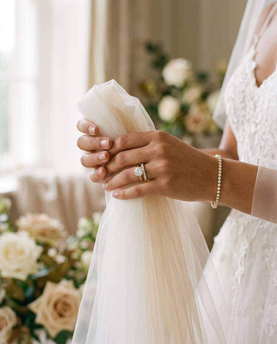 A bride holding her veil, wearing a diamond ring and line bracelet