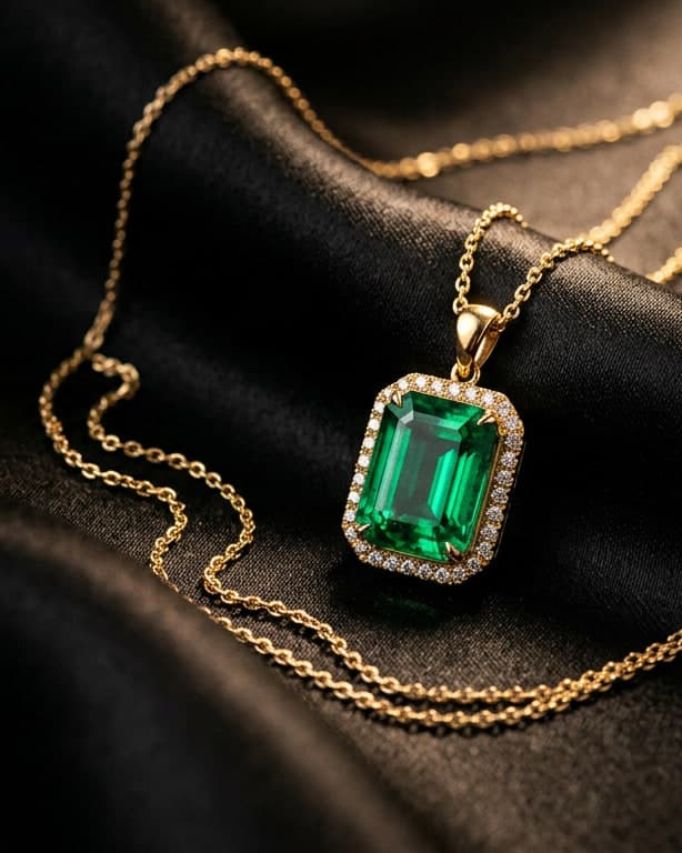 An emerald-cut green pendant framed in diamonds on black silk